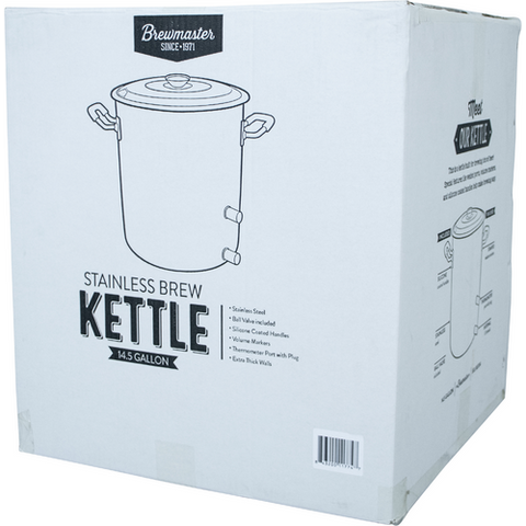Brewmaster 14 Gallon Brew Kettle | Stainless Steel | Two Welded Couplers | Ball Valve Included | Silicone Handle Grips | Volume Markers